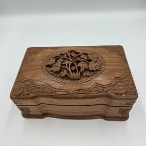 Mid Century Hand Carved Wooden Jewelry Trinket Box Tree Floral Kashmir India 8"